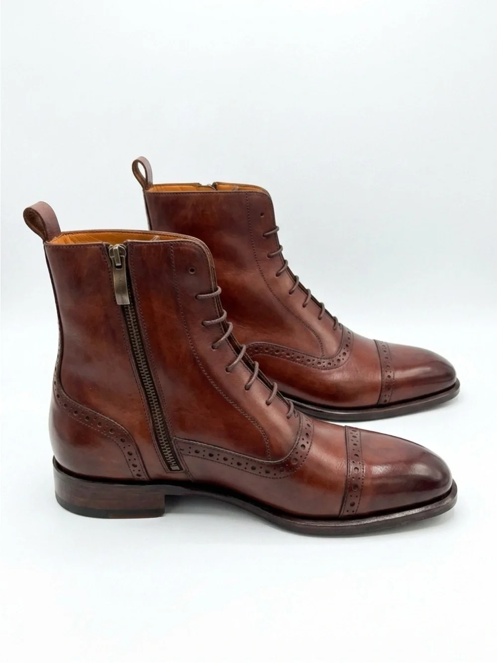 Men's Brown Leather Dress Boots with Side Zip and red bottom